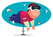vector illustration of man with VR glasses and flying birds