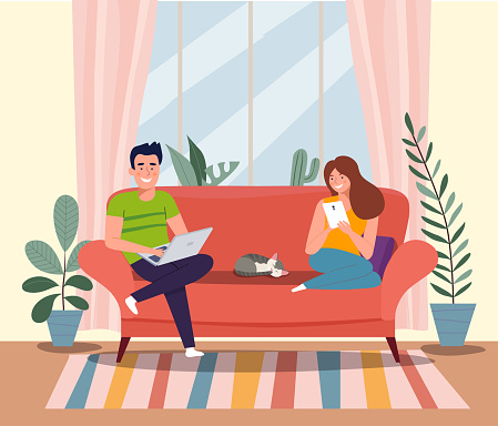 Man, woman and cat sitting on the couch with notebook and tablet. Vector flat illustration