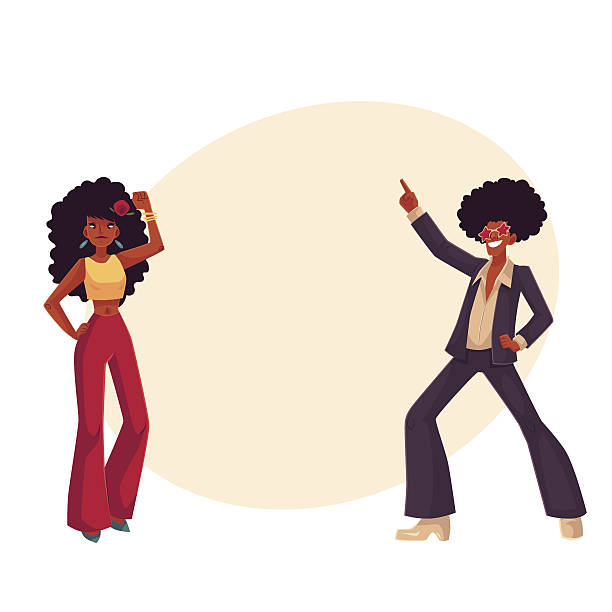 ilustrações de stock, clip art, desenhos animados e ícones de man, woman with afro hair in 1970s clothes dancing disco - dancer white man on white