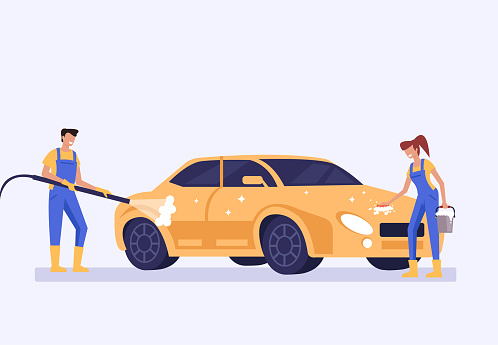 Man woman workers employee characters washing car. Carwash service concept. Vector flat graphic design cartoon illustration