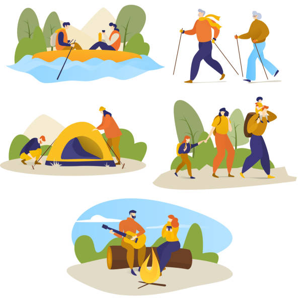 bildbanksillustrationer, clip art samt tecknat material och ikoner med man, kvinnor, barn vandring resa utomhus på vektor vandring vandring illustration isolerad på vitt. - woman kayaking