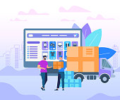 Fast Delivery Service. Man Worker Giving Parcel Box to Happy Young Guy Recipient Stand on Big Monitor with Online Store Application at Screen Background. Van Car. Cartoon Flat Vector Illustration.