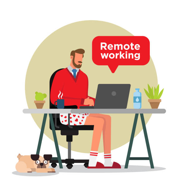 Man working from home. Man in underwear working from home in his desk with a cup of coffee, a bottle of water, plants, windows, and a pug dog. small business stock illustrations
