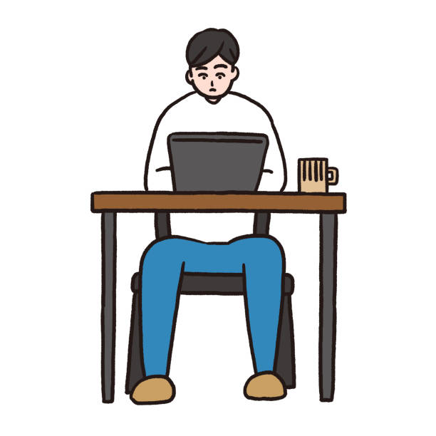 カフェでパソコンで働く男性 - 勉強　日本人点のイラスト素材／クリップアート素材／マンガ素材／アイコン素材