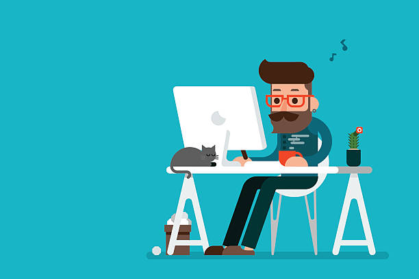 man working on computer. Hipster man working on computer flat design. design professional stock illustrations