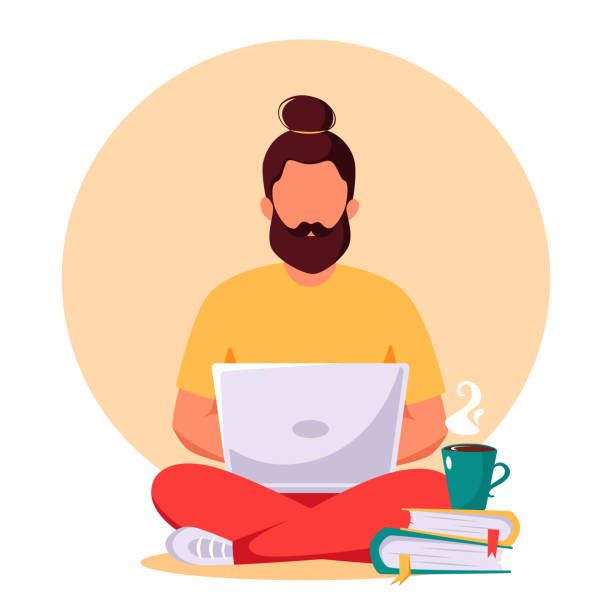 Man working on laptop. Freelance, remote working, online studying, work from home concept. Vector illustration in flat style. Vector illustration for cards, icons, postcards, banners, logotypes, posters and professional design. curley cup stock illustrations