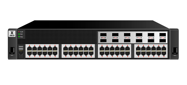 Managed 2U Ethernet switch for mounting with a 19-inch rack with 48 ethernet and 12 optical ports.