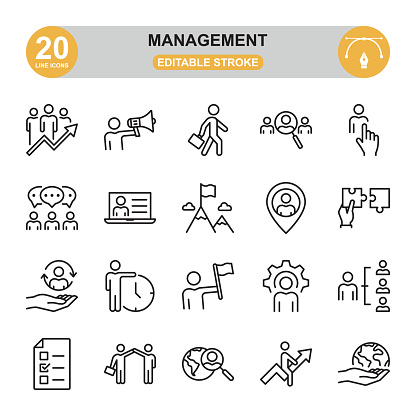 Management icon set. Editable stroke. icon set contains such icons as hr management, megaphone, briefcase, teamwork, search, puzzle piece, mountain peak, gear, hierarchy, financial graph, etc.