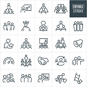 A set of management icons that include editable strokes or outlines using the EPS vector file. The icons include business managers, manager and employees, business manager giving presentation, manager interviewing employee, employees, workforce, employees in a boardroom on a video conference, business managers standing facing camera, business person on top of a mountain, manager at the helm of a ship, manager giving a business presentation, business conference, bullhorn, manager doing a write-up, financial goal, handshake, business management, manager firing co-worker, manager shouting to employees through bullhorn, business person crossing finish line, ladder of success and additional related icons.