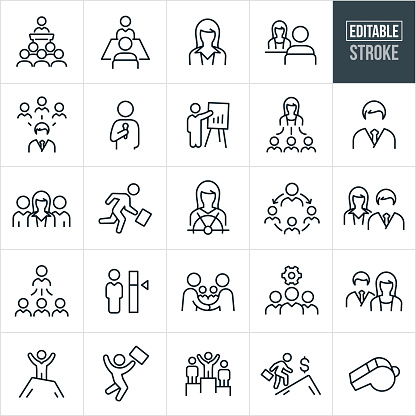 A set of business leadership icons that include editable strokes or outlines using the EPS vector file. The icons include business leaders, business leader giving presentation to a group of people, manager interviewing employee, businesswoman manager, female businesswoman giving interview, male manager team leader over a group of employees, manager presenting company data, female manager with her team of employees, business person running while holding briefcase, female manager at helm of ship, business people shanking hands, a whistle, business person at top of mountain with arms raised, manager atop winners podium and other related icons.