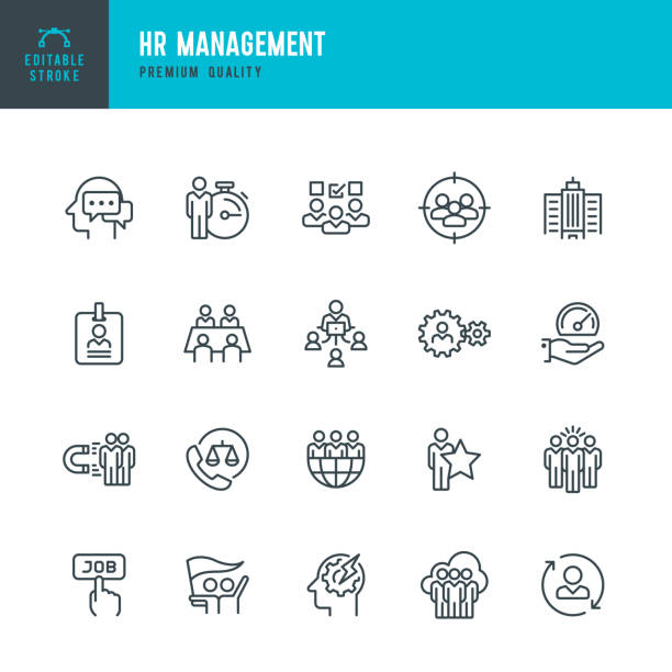 Set of 20 Human Resource Management line vector icons. Human Resources, Management, Teamwork, Global Business, Labor Union and so on.