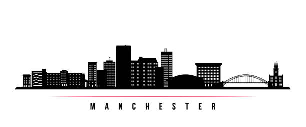manchester skyline horizontal banner. black and white silhouette of manchester, new hampshire. vector template for your design. - manchester united 幅插畫檔、美工圖案、卡通及圖標