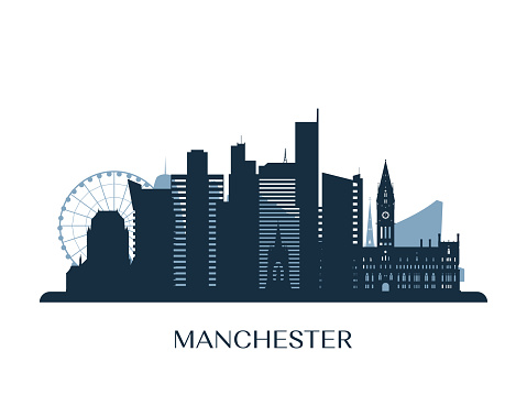 Manchester skyline, monochrome silhouette. Vector illustration.