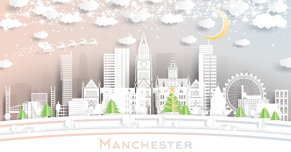 Manchester UK City Skyline in Paper Cut Style with Snowflakes, Moon and Neon Garland.