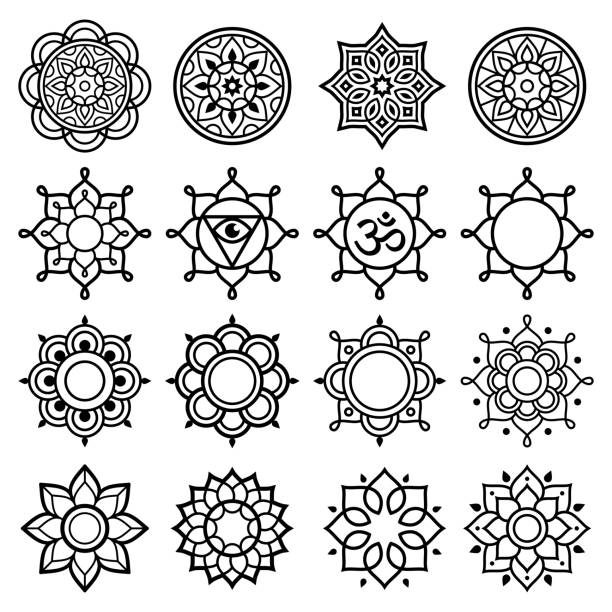 Mandala geometric vector symbols, simple black and white designs - yoga, Zen, mindfulness concept Mandalas set minimalist style - bohemian, meditation graphic design elements yoga patterns stock illustrations