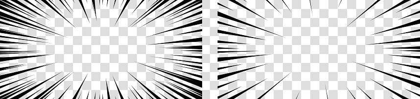 Manga motion radial lines. Anime action frame lines. Abstract explosive rectangle and square template with speed lines on transparent background. Flash explosion radial lines Vector illustration