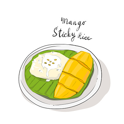 Mango sticky rice vector cartoon on white background.