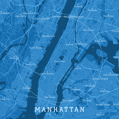Manhattan NY City Vector Road Map Blue Text. All source data is in the public domain. U.S. Census Bureau Census Tiger. Used Layers: areawater, linearwater, roads.