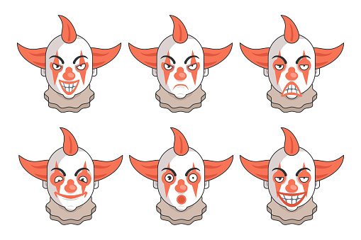 Maniac clown killer psychopath insane evil psycho cartoon character design flat isolated vector illustration