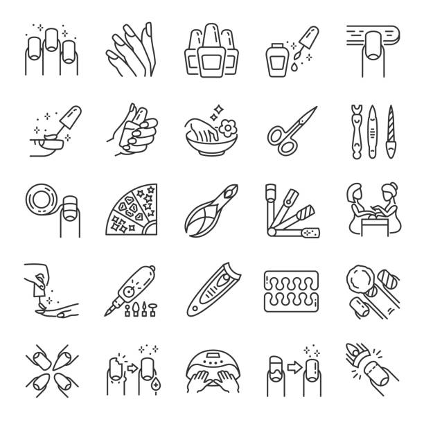 Manicure, icon set. Tools for cosmetic beauty treatment for the fingernails and hands, linear icons. Nail care. Line. Editable stroke Manicure, icon set. Tools for cosmetic beauty treatment for the fingernails and hands, linear icons. Nail care. Line with editable stroke pedicure stock illustrations