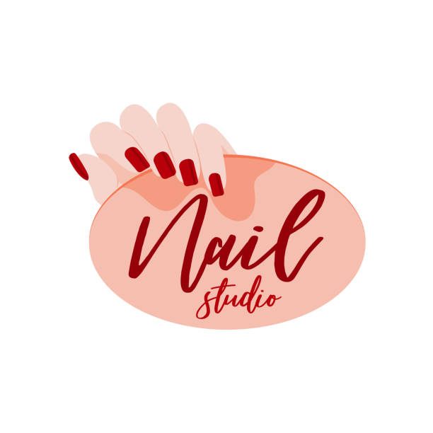 Manicure Logo Image Manicure salon logotype. Professional nails master vector sign. Nail bar symbol. Female beauty concept. Beautiful woman hand. Logo template. Editable illustration isolated on a white background. lacquered stock illustrations