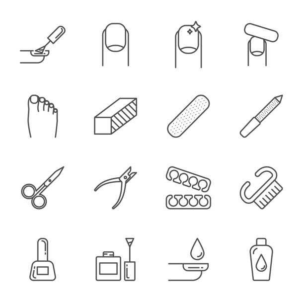 maniküre set von vector icons, nagelpflege, skizzieren stil - fingernagel stock-grafiken, -clipart, -cartoons und -symbole
