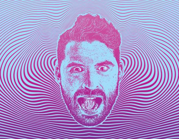 Mans face with shocked expression and half tone pattern background Mans face with shocked expression and psychedelic half tone pattern background crying illustrations stock illustrations