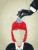 Invest in Business! A stylized vector cartoon of a man inserting a coin into the head of a Business woman, the style is  reminiscent of an old screen print poster, suggesting investment, banking, savings, equality, wages, home finance, money man or finance. Notes, Woman, hand,coin, paper texture and background are on different layers for easy editing. 