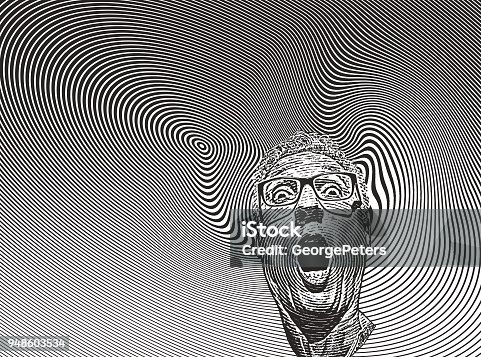 istock Mans head with shocked facial expression and halftone pattern 948603534