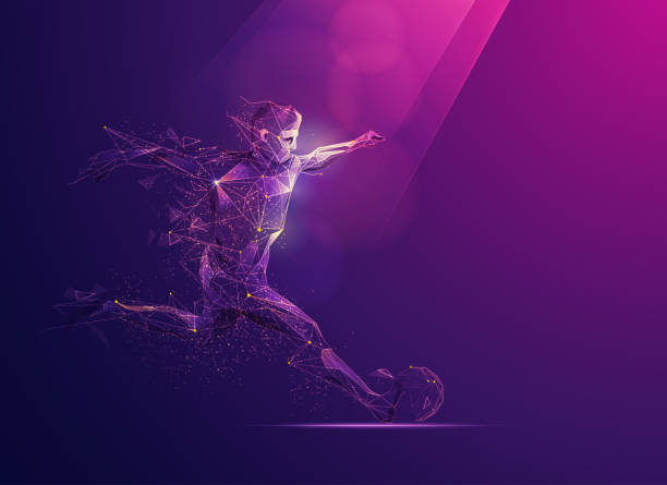 manShooting concept of sport science technology, polygonal soccer player with futuristic element soccer backgrounds stock illustrations