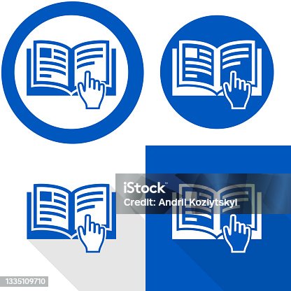 istock Manual book symbol with hand. Read before use. Refer to instruction manual booklet mandatory sign 1335109710