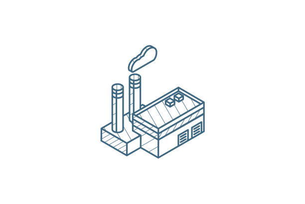 manufacture, industrial factory building isometric icon. 3d line art technical drawing. Editable stroke vector manufacture, industrial building isometric icon. 3d vector illustration. Isolated line art technical drawing. Editable stroke factory drawings stock illustrations