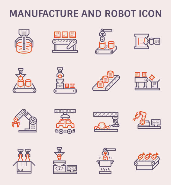 ilustraciones, imágenes clip art, dibujos animados e iconos de stock de fabricación de icono de robot - production line