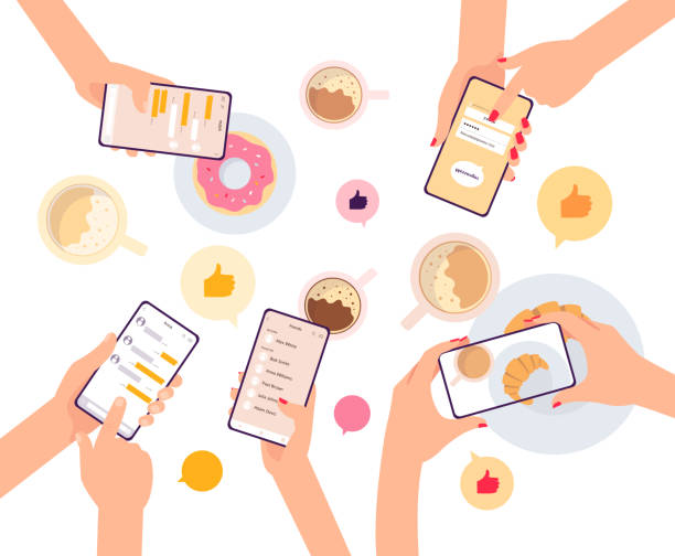Many hands holding smartphones over breakfast table Many hands holding smartphones over breakfast table - top view of group of friends using phones to take food pictures or text during meal. Flat isolated vector illustration food photos stock illustrations