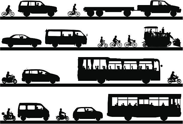 Many Highly Detailed Vehicles Good value file: Nineteen vehicles, complete with drivers. Each vehicle is separate and complete. This image is detailed down to the hair on the heads of the drivers- zoom in to see the detail! traffic silhouettes stock illustrations