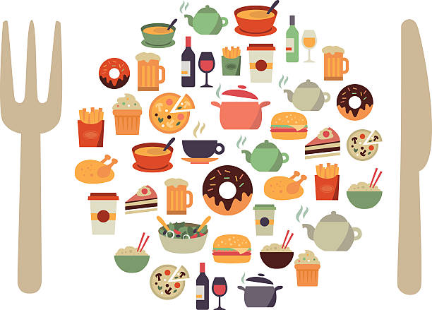 Many illustrations of food icons Food icons in form of a plate with cutlery. Modern, flat design style. healthy dinner stock illustrations