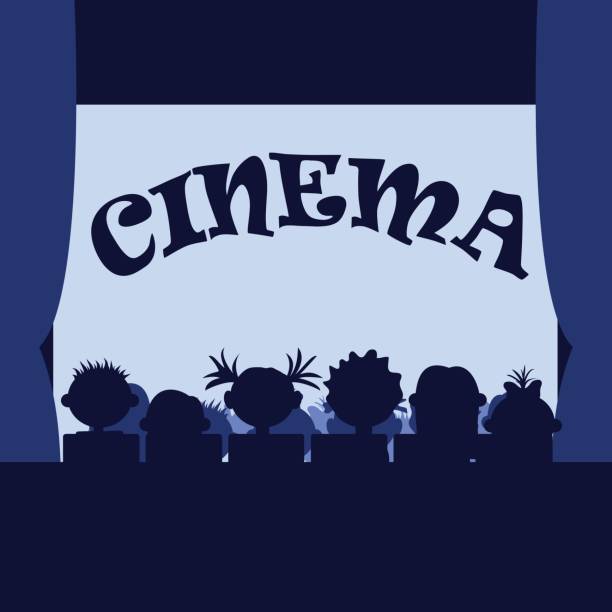 Many small kids in the cinema. Sitting in a row, silhouettes Many small kids in the cinema. Sitting in a row, silhouettes movie silhouettes stock illustrations