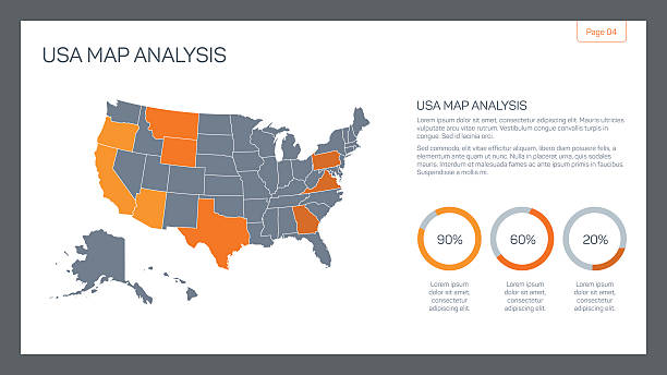 USA map analysis Editable infographic template of USA map analysis with percent marks and pie charts territorial animal stock illustrations