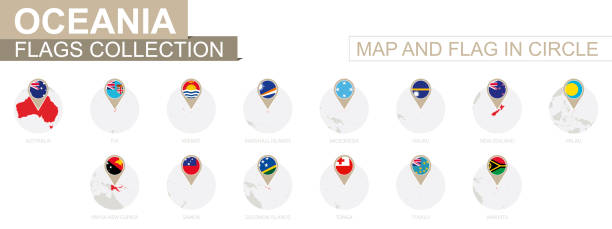 원형, 오세아니아 국가 컬렉션의 지도 와 깃발. - tonga stock illustrations