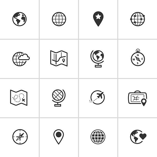 Map and Globe Icons — Inky Series Professional icon set in flat black style. Vector artwork is easy to colorize, manipulate, and scales to any size. globe navigational equipment stock illustrations