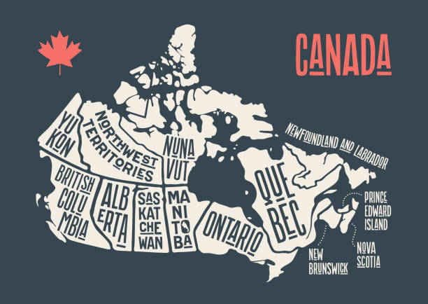 Map Canada. Poster map of provinces and territories of Canada Map Canada. Poster map of provinces and territories of Canada. Black and white print map of Canada for t-shirt, poster or geographic themes. Hand-drawn black map with provinces. Vector Illustration territorial animal stock illustrations