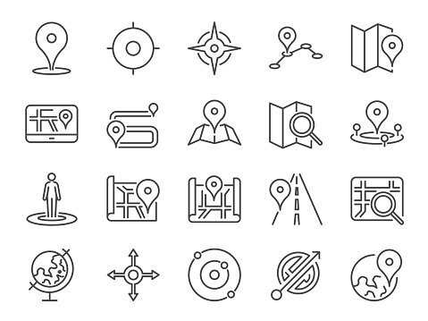 Map icon set. Included the icons as pin, nearby, direction, navigation, navigator, way, path and more.