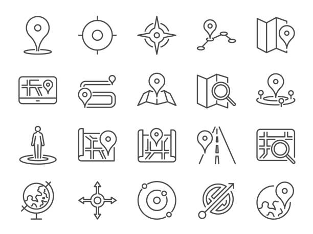 ilustraciones, imágenes clip art, dibujos animados e iconos de stock de mapa de conjunto de iconos. incluye los iconos como pin, hotel, dirección, navegación, navegador, manera, trayectoria y mucho más. - exploración