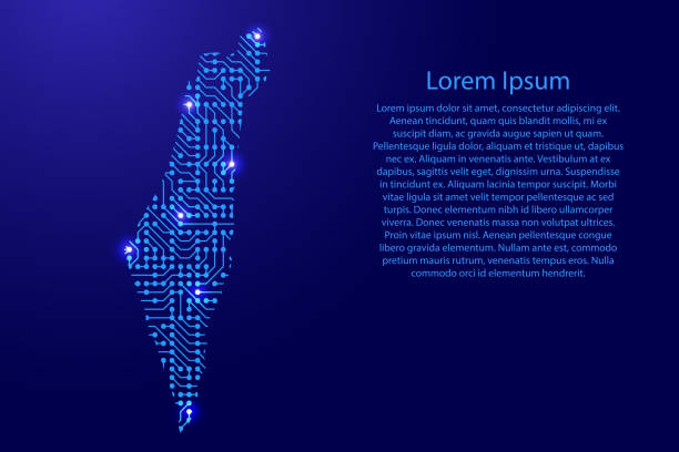 карта израиля с печатной доски, чипа и радиокомпонента с голубым звездным пространством на контуре для баннера, плаката, поздравительной о� - israel stock illustrations