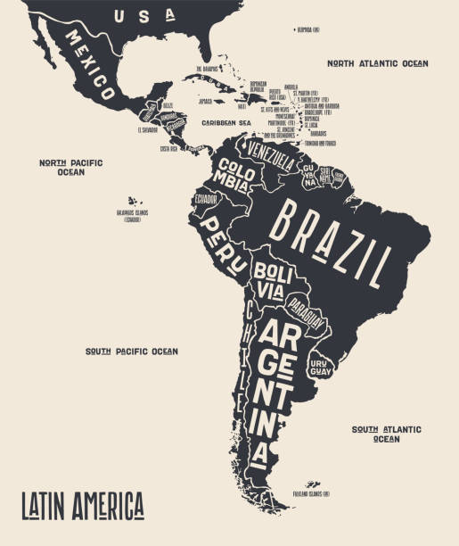 Map Latin America. Poster map of Latin America Map Latin America. Poster map of Latin America. Black and white print map of Latin America for t-shirt, poster or geographic themes. Hand-drawn graphic map with countries. Vector Illustration south america stock illustrations