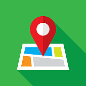 Vector illustration of a map with red location marker icon against a green background in flat style.
