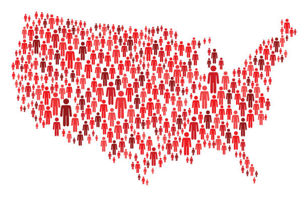 빨간 스틱맨 피규어로 만든 미국 지도 - 미국 stock illustrations