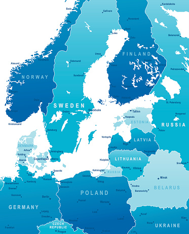 Map of Baltic Sea Area - states and cities