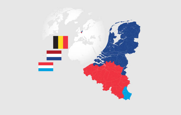 Map of BeNeLux countries with rivers and lakes and the national flags of this countries. Map of BeNeLux countries with rivers and lakes and national flags. Map consists of separate maps of Belgium, Netherlands and Luxembourg that can be used separately. Please look at my other images of cartographic series - they are all very detailed and carefully drawn by hand WITH RIVERS AND LAKES. luxembourg benelux stock illustrations