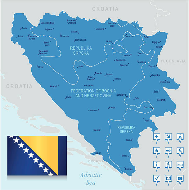 Map of Bosnia and Herzegovina - states, cities, flag, icons Highly detailed vector map of Bosnia and Herzegovina with states, capitals and big cities. bosnia and hercegovina stock illustrations